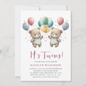 双子ピンクの風船テディがベビーシャワーを付ける 招待状 (正面)