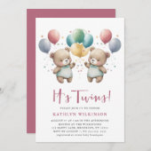 双子ピンクの風船テディがベビーシャワーを付ける 招待状 (正面/裏面)
