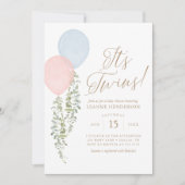双子ピンク色のブルーバルーンユーカリ赤ちゃんシャワー 招待状 (正面)