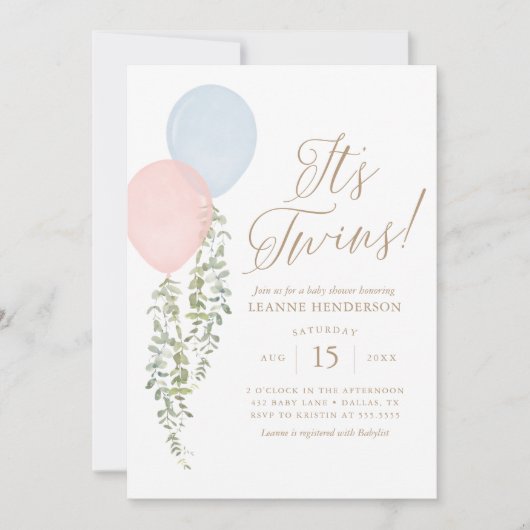双子ピンク色のブルーバルーンユーカリ赤ちゃんシャワー 招待状 (正面)