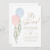 双子ピンク色のブルーバルーンユーカリ赤ちゃんシャワー 招待状 (正面/裏面)