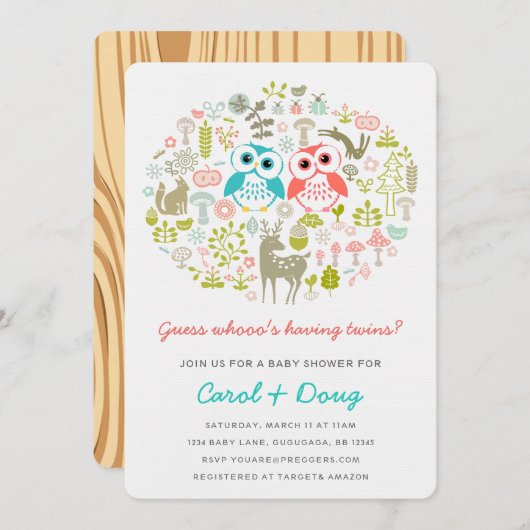 双子フクロウベビーシャワー招待状ボーイグリル 招待状 (正面/裏面)