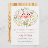 双子フクロウベビーシャワー招待状少女ピンク 招待状 (正面/裏面)