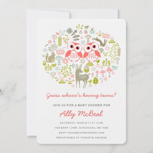 双子フクロウベビーシャワー招待状少女ピンク 招待状 (正面)