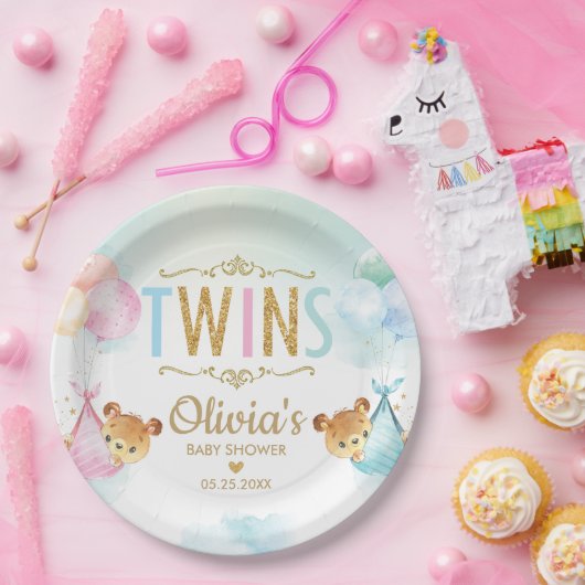 双子ベビーガール男の子かわいいクマのバルーン赤ちゃんシャワー ペーパープレート (パーティー)