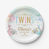 双子ベビーガール男の子エレファントバルーン赤ちゃんシャワー ペーパープレート (正面)