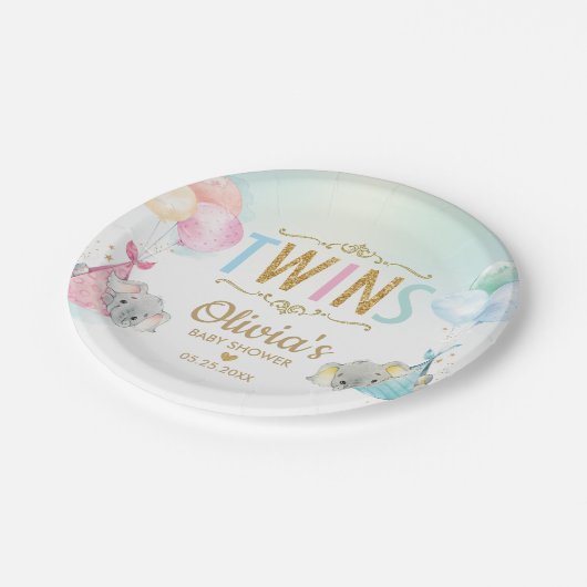双子ベビーガール男の子エレファントバルーン赤ちゃんシャワー ペーパープレート (アングル)