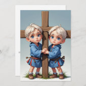 双子モダンの洗礼招待状 招待状 (正面/裏面)