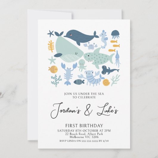 双子モダン写真海の生き物ボーイズ1歳の誕生日 招待状 (正面)