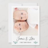 双子モダン写真海の生き物ボーイズ1歳の誕生日 招待状 (裏面)