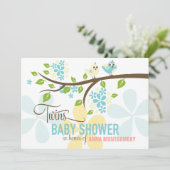 双子モダン男の子かわいい鳥と花ベビーシャワー 招待状 (スタンド正面)