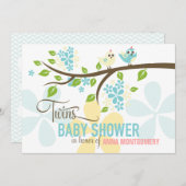 双子モダン男の子かわいい鳥と花ベビーシャワー 招待状 (正面/裏面)