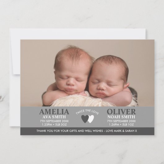 双子出産のお知らせ/感謝カード 案内状 (正面)