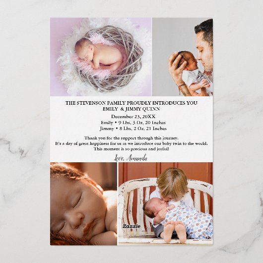 双子出産 喜びの感謝の写真 生まれたお知らせ 箔シーズンカード (裏面)