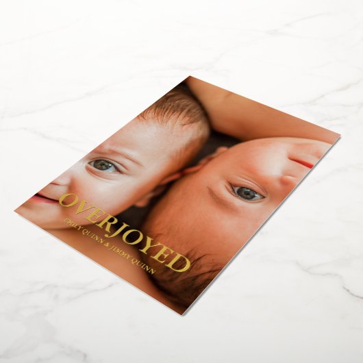 双子喜びの感謝の写真 誕生のお知らせ 箔シーズンカード (回転した状態)