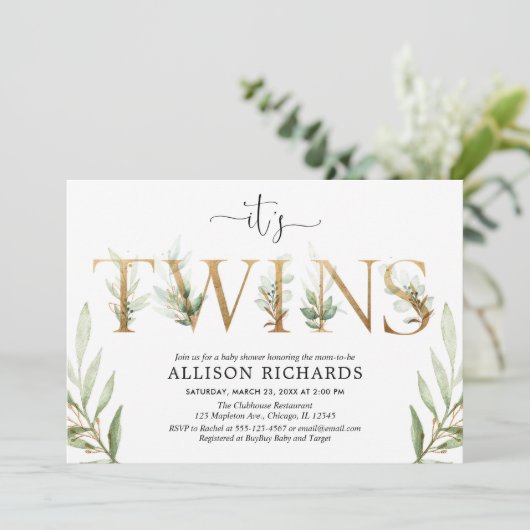 双子男女兼用のベビーシャワー緑 招待状 (スタンド正面)