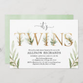 双子男女兼用のベビーシャワー緑 招待状 (正面/裏面)