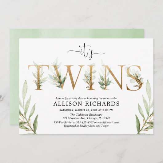 双子男女兼用のベビーシャワー緑 招待状 (正面/裏面)