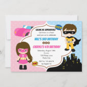 双子誕生日招待状(スーパーヒーローボーイガール) 招待状 (正面)