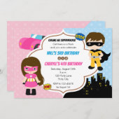 双子誕生日招待状(スーパーヒーローボーイガール) 招待状 (正面/裏面)