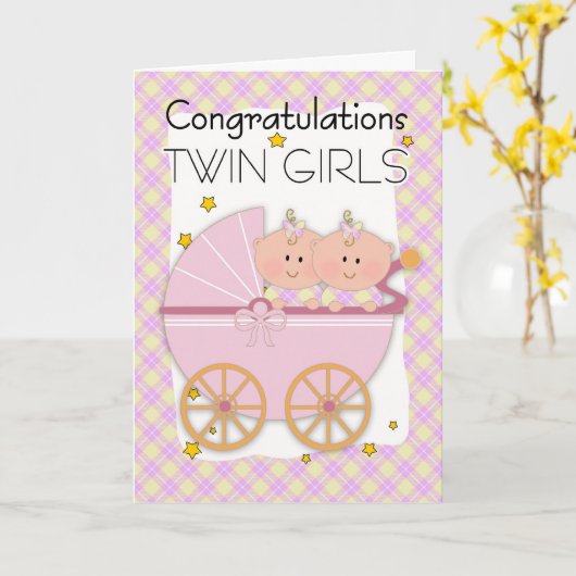双子 – おめでとう双子の女の子のPram カード (黄色い花)
