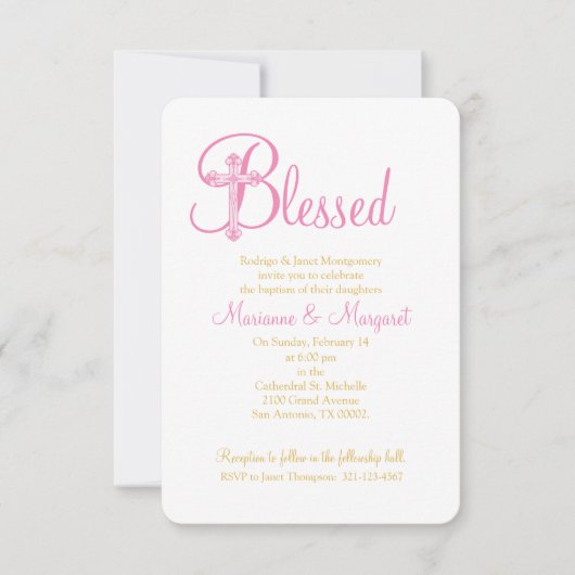 双子《キリスト教》洗礼式や命名式または洗礼ピンク金ゴールド十字 招待状 (正面)