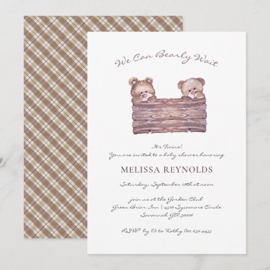 双子 | テディベア "もう待てない" ベビーシャワー 招待状 (正面/裏面)