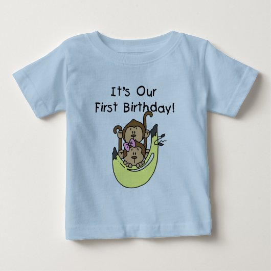 双子 – 男の子と女の子のサル1st誕生日 ベビーTシャツ (正面)