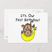 双子 – 男の子と女の子のサル1st誕生日 ポストカード (正面/裏面)