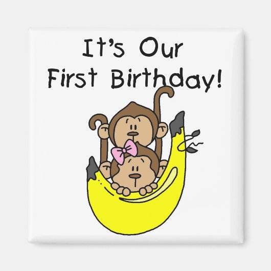 双子 – 男の子と女の子のサル1st誕生日 マグネット (正面)