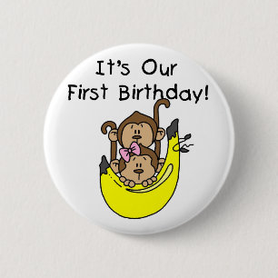 双子 – 男の子と女の子のサル1st誕生日 缶バッジ
