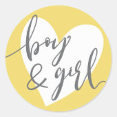 双子"男の子と女の子"灰色の黄色の白いハート ラウンドシール (正面)