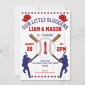 双子，男の子1歳の誕生日，リトルスラッガー，野球 招待状 (正面)