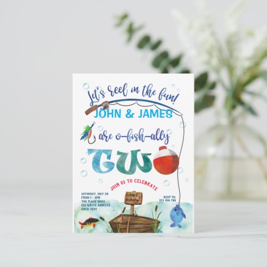 双子O-fish-ally魚釣りをテーマにした2回目の誕生日 インビテーションポストカード (スタンド正面)