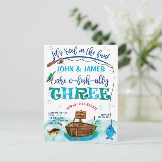 双子O-Fish-ally魚釣りをテーマにした3回目の誕生日 インビテーションポストカード (スタンド正面)