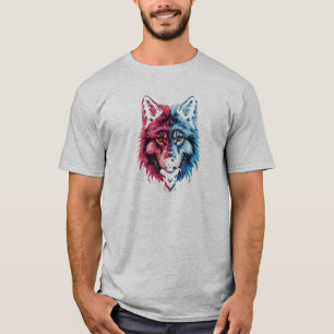 双対性ウルフ – 赤と青のスピリットアート Tシャツ