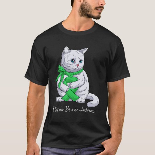 双極性障害啓発月間 グリーンリボン 猫 Tシャツ (正面)