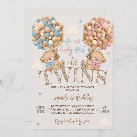 双生児が気球を持つ赤ちゃんシャワー 招待状 (正面/裏面)