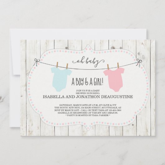 双生児のための素朴なベビーシャワーの招待状 招待状 (正面)