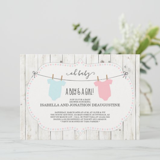 双生児のための素朴なベビーシャワーの招待状 招待状 (スタンド正面)