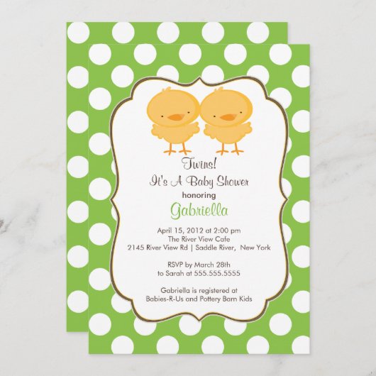 双生児のひよこのベビーシャワーの招待状の緑の女の子の男の子 招待状 (正面/裏面)