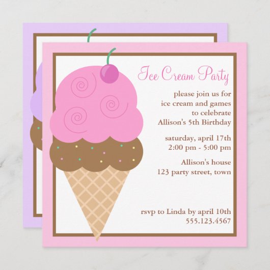双生児のアイスクリームコーンの誕生会{2人の側面} 招待状 (正面/裏面)