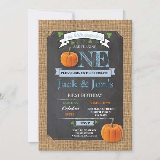 双生児のカボチャ第1最初1誕生会の招待 招待状 (正面)