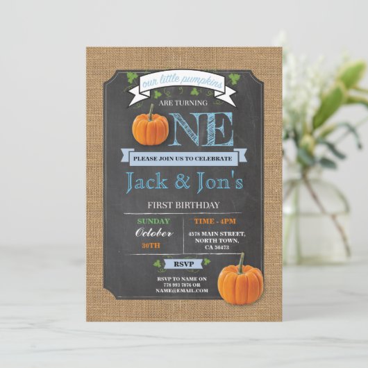 双生児のカボチャ第1最初1誕生会の招待 招待状 (スタンド正面)