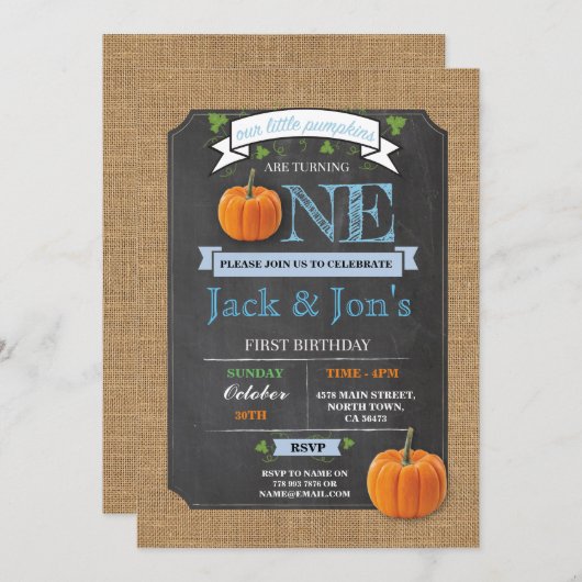 双生児のカボチャ第1最初1誕生会の招待 招待状 (正面/裏面)