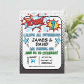 双生児のスーパーヒーローの第1誕生日の招待状 招待状 (スタンド正面)