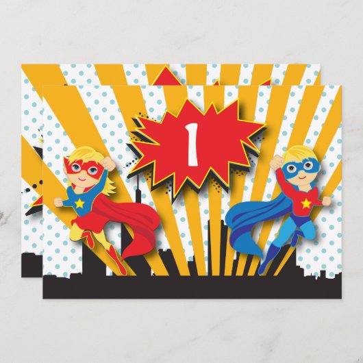 双生児のスーパーヒーローの誕生日|のブロンドの女性 招待状 (正面/裏面)