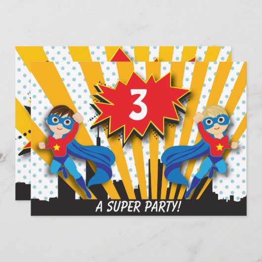 双生児のスーパーヒーローの誕生日|の男の子ブラウンかサンディのブロンドの女性 招待状 (正面/裏面)