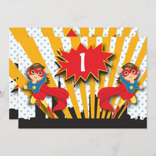 双生児のスーパーヒーローの誕生日|ブラウンの毛の女の子 招待状 (正面/裏面)