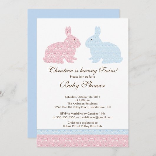 双生児のダマスク織のバニーのベビーシャワーの招待状の女の子の男の子 招待状 (正面/裏面)